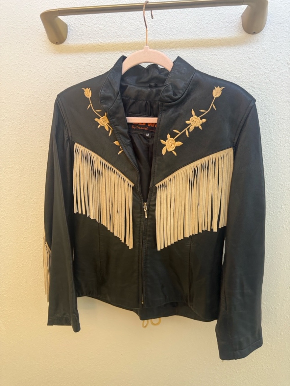 3B West By Tansmith Black Leather Jacket with Cream Fringe & Embroidered Flowers